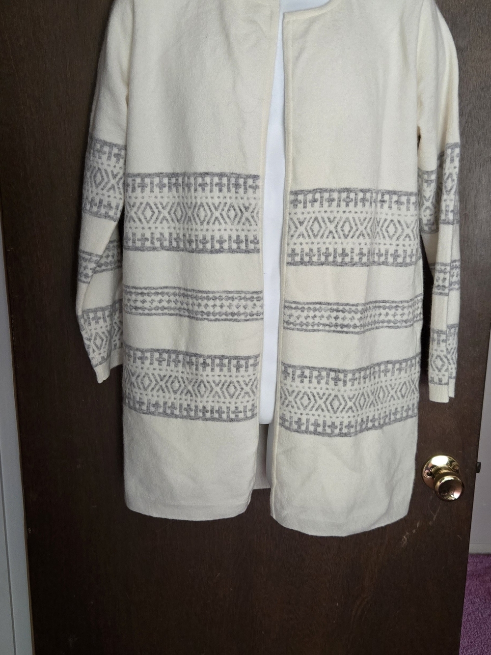 Orvis Cream Open-Front Cardigan with Gray Pattern